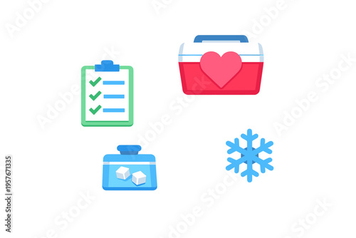 A collection of four flat icons representing medical logistics