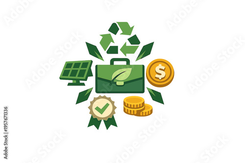 Illustration of a green briefcase with a leaf emblem surrounded by a