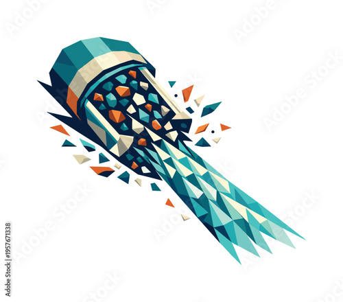 Low-poly vector illustration focused on filter clean flow during active filtration, faceted filter body channeling chaotic