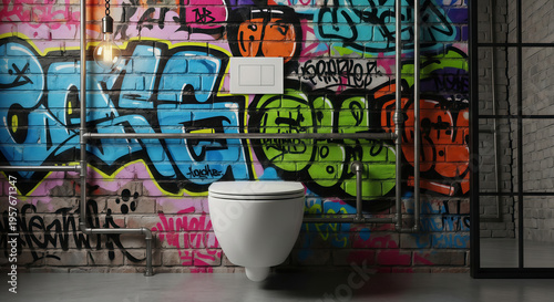 White ceramic toilet bowl installed against colorful graffiti brick wall. Modern urban bathroom interior with industrial plumbing pipes. Creative home design and artistic restroom concept.
