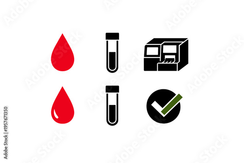A set of medical icons illustrating the blood testing process