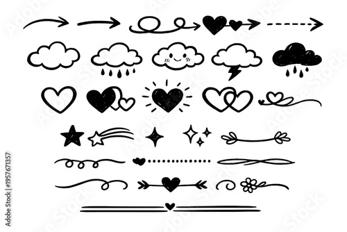 A collection of hand-drawn black doodle icons and decorative elements