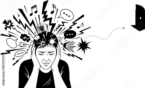 Person overwhelmed by sensory input, seeking quiet escape from noise
