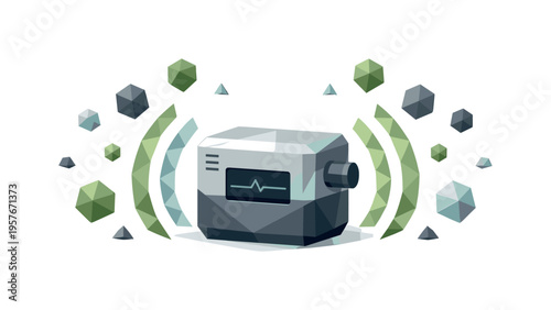 Low-poly vector illustration focused on air sensor pulse after stabilized monitoring, geometric air sensor calmly surrounded by