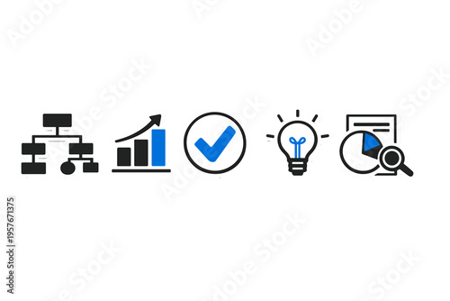 Five flat business icons featuring an organizational chart, growth