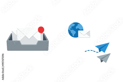 3D icons for digital communication including an inbox tray with