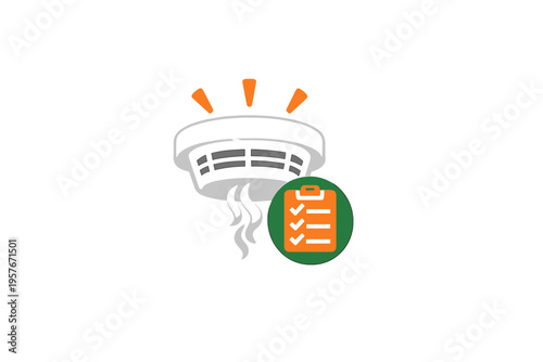 A flat illustration of a smoke alarm with smoke rising and alert