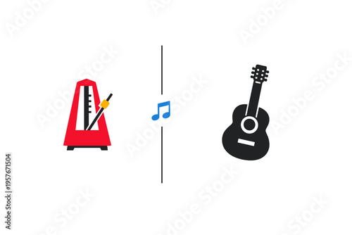 A minimalist flat illustration featuring a red metronome on the left
