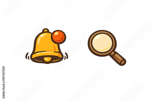 A set of two stylized icons featuring a golden notification bell with