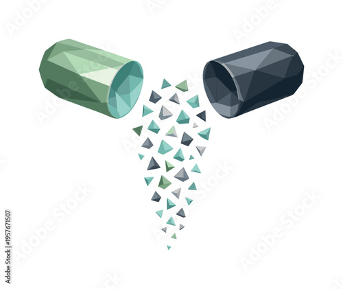 Capsule Release Artistry. Low-poly vector illustration focused on medicine capsule split after release, separated capsule halves