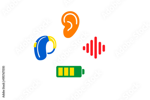 A minimalist illustration featuring icons for hearing health