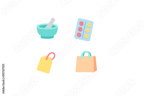 A collection of four 3D-style icons including a mortar and pestle, a