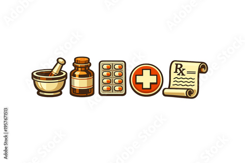 A set of five pharmacy icons including a mortar and pestle, medicine