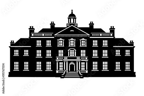 A black and white vector silhouette of a grand manor house or stately