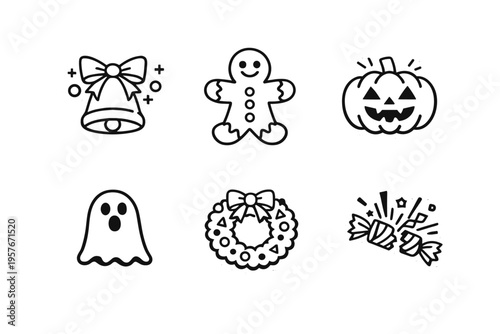 A collection of six holiday-themed sticker icons in a black and white