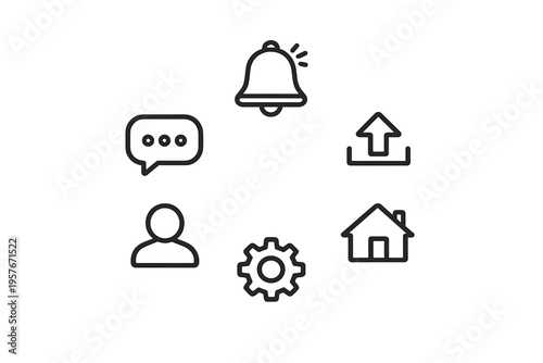 A set of six minimalist black line icons arranged in a circle on a
