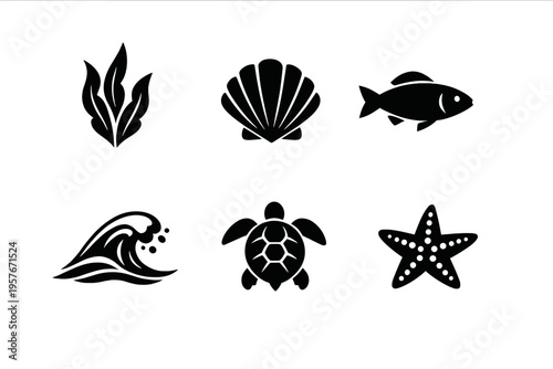 A collection of six black and white minimalist sea life icons