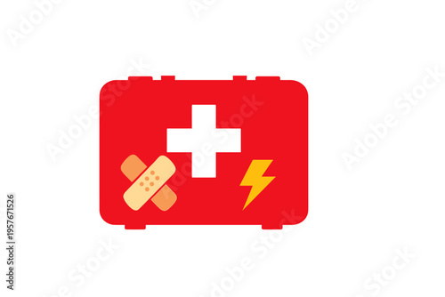 A red first aid kit illustration featuring a white cross, crossed