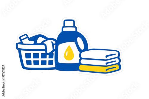 A blue and white illustration featuring a laundry basket filled with