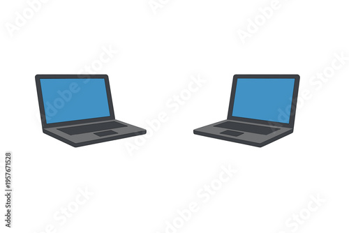 A minimalist vector illustration featuring two open laptops with blue