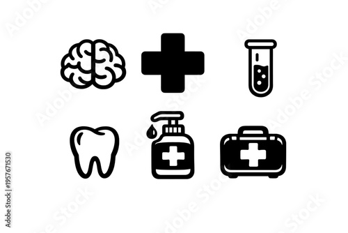 A set of six black and white medical icons including a brain, a