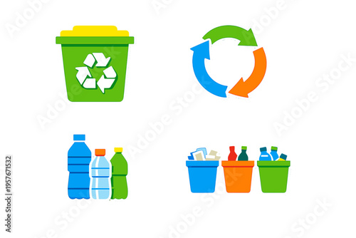 A collection of four recycling-themed sticker icons featuring a green