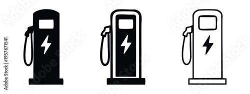 Electric vehicle charging station icon set. EV pump symbol with lightning bolt in multiple styles.