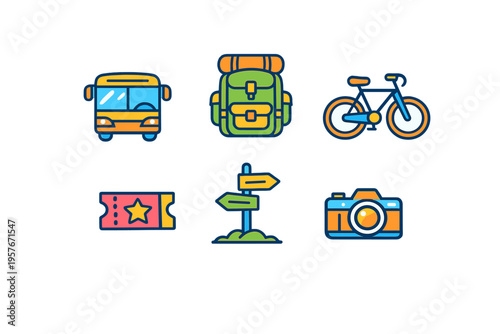 A collection of six colorful travel icons including a bus, a
