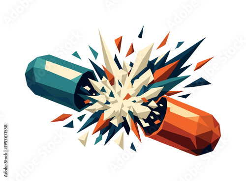 Low-poly vector illustration focused on medicine capsule split during explosive opening, capsule halves flying apart with