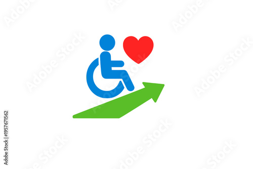 A blue wheelchair user icon on a green upward-pointing arrow next to