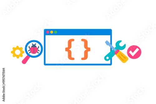 A flat illustration representing software development and debugging