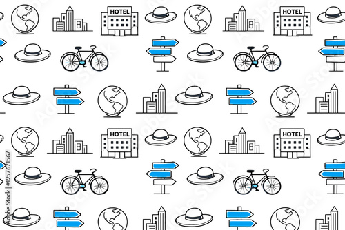 A seamless pattern featuring hand-drawn travel icons such as globes