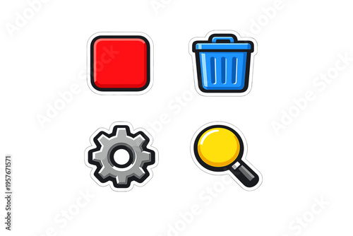 A set of four stylized game icons featuring a red square, a blue