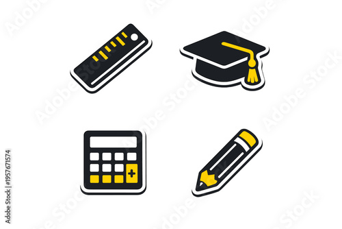 A set of four education-themed icons including a ruler, a graduation