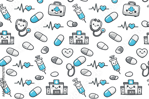 Cute medical icons including capsules, syringes, first aid kits, and