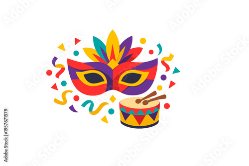 A vibrant carnival mask with colorful feathers sits next to a small