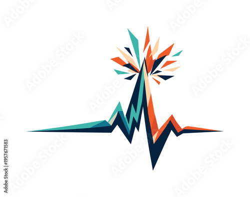 Low-poly vector illustration focused on heartbeat line spike during the sudden peak action, aggressive angular ECG spike shooting