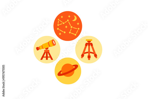 A set of four circular icons featuring astronomy themes including a