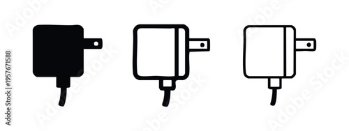 Power adapter and charger icon set. Square electrical transformer symbol in various styles.