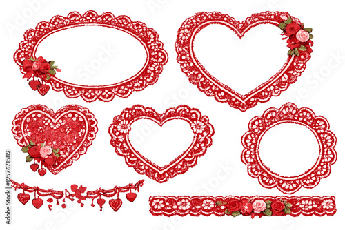Foto A collection of romantic red lace frames in heart, oval, and circular