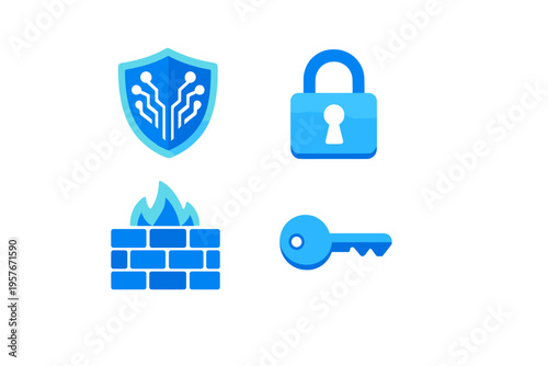 A collection of four blue security icons featuring a shield with