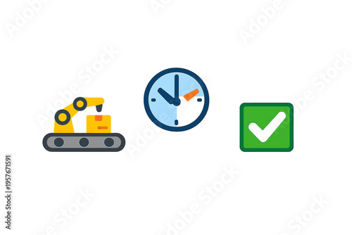 Three industrial icons including a robotic arm on a conveyor belt, a