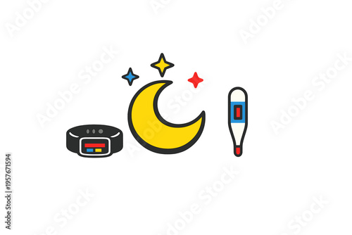 A flat vector illustration featuring a yellow crescent moon with