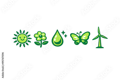 A set of five green eco-friendly icons featuring a smiling sun, a