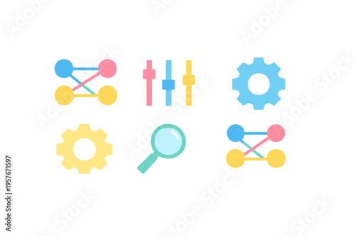 A set of six colorful flat vector icons featuring gears, a magnifying
