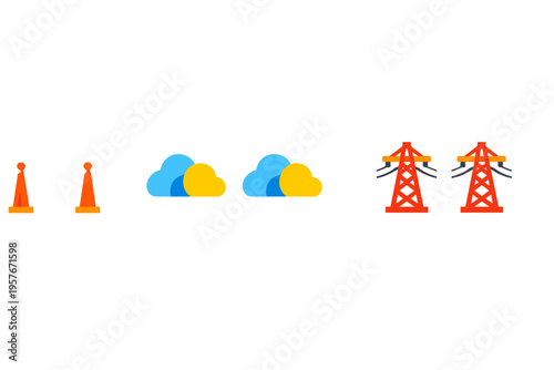 A flat vector illustration featuring pairs of wind turbines, clouds