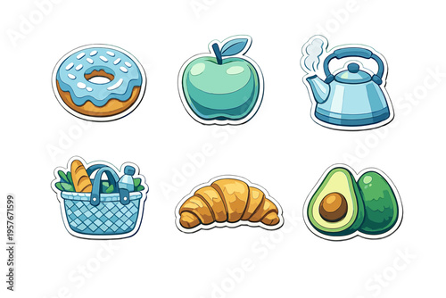 This collection of six stylized food and kitchen stickers includes a