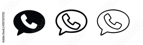 Phone call in speech bubble icon set. WhatsApp call or messaging app symbol in various styles.