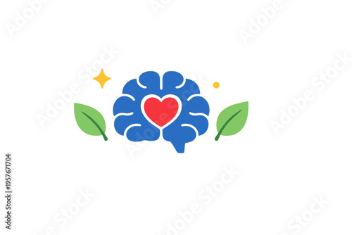 A flat vector illustration featuring a blue brain with a red heart at