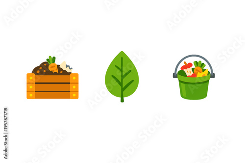 This set of flat vector icons features a wooden composting bin, a
